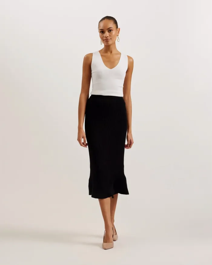 Women VELENAA 8211 Rib Knit Curved Hem Midi Skirt Black Ted Baker Skirts Women VELENAA 8211 Rib Knit Curved Hem Midi Skirt Black Ted Baker Skirts