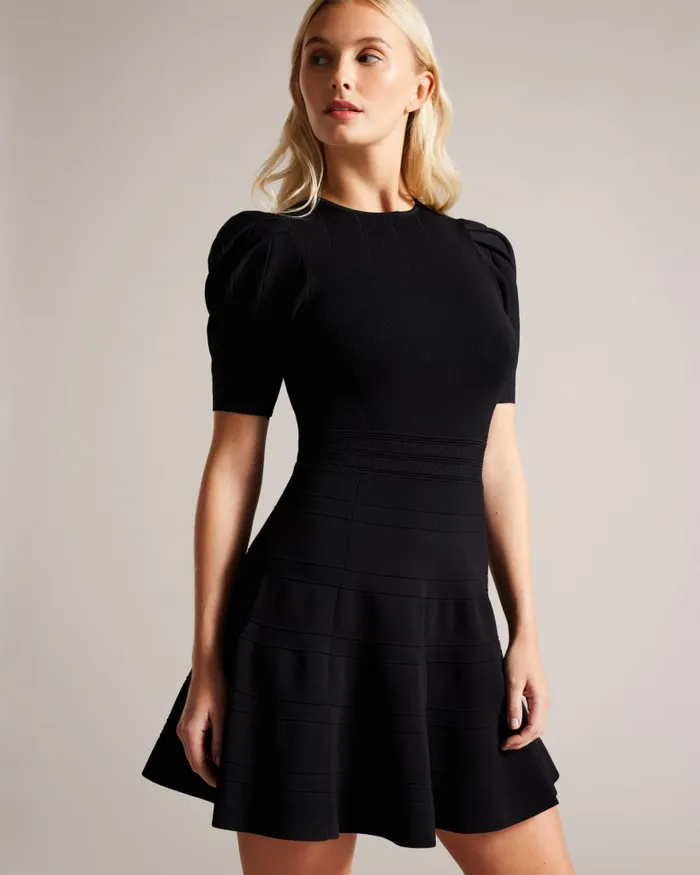 Women VELVEY 8211 Puff Sleeve Dress With Engineered Skirt Black Ted Baker Dresses
