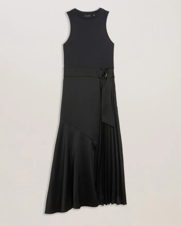 Women WIILOWW 8211 Racer Bodice Dress With Belted Satin Skirt Black Ted Baker Dresses