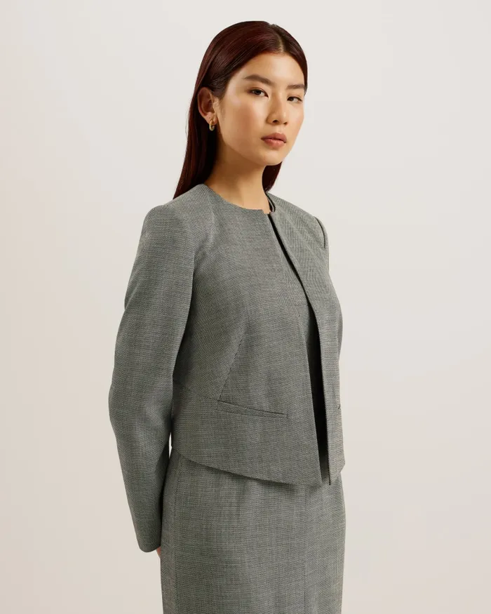 Women YUTAKA 8211 Cropped Tailored Round Neck Jacket Black Ted Baker Coats and Jackets