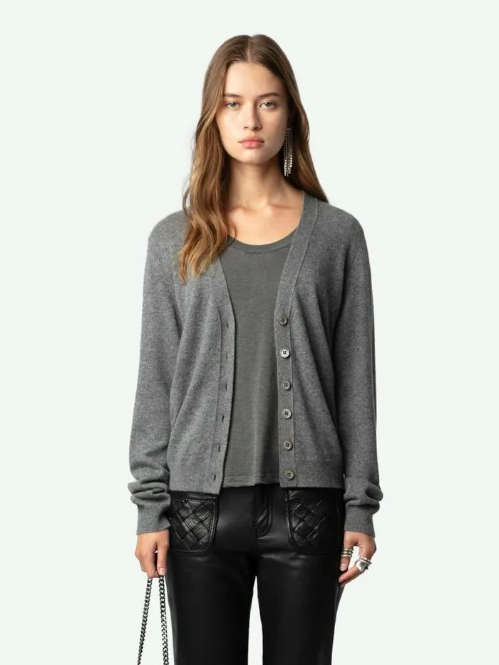 Women Zadig and Voltaire Sweaters and Cardigans Jemmy Patch Cashmere Cardigan Gris Chine Women Zadig and Voltaire Sweaters and Cardigans Jemmy Patch Cashmere Cardigan Gris Chine