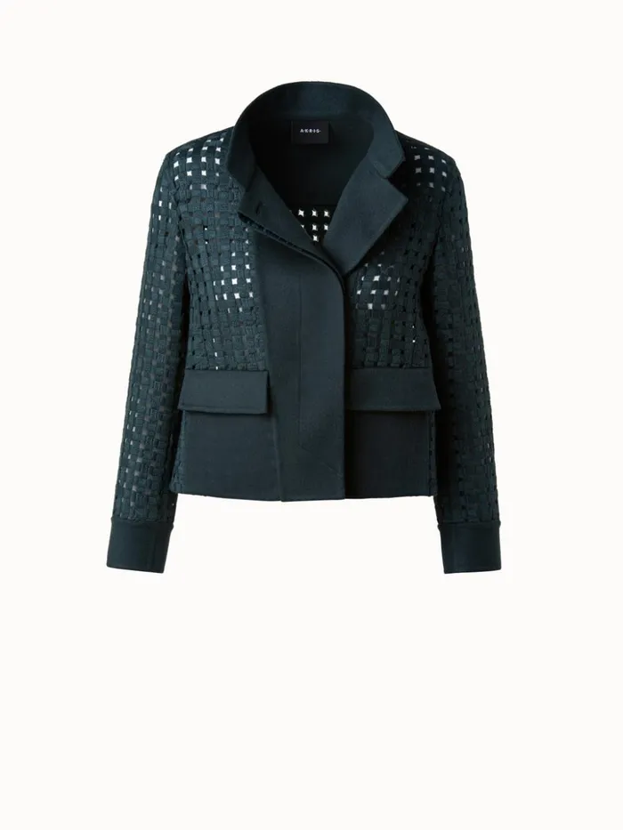 Wool Open Grid Embroidery Jacket Dark Slate Women Akris Jackets