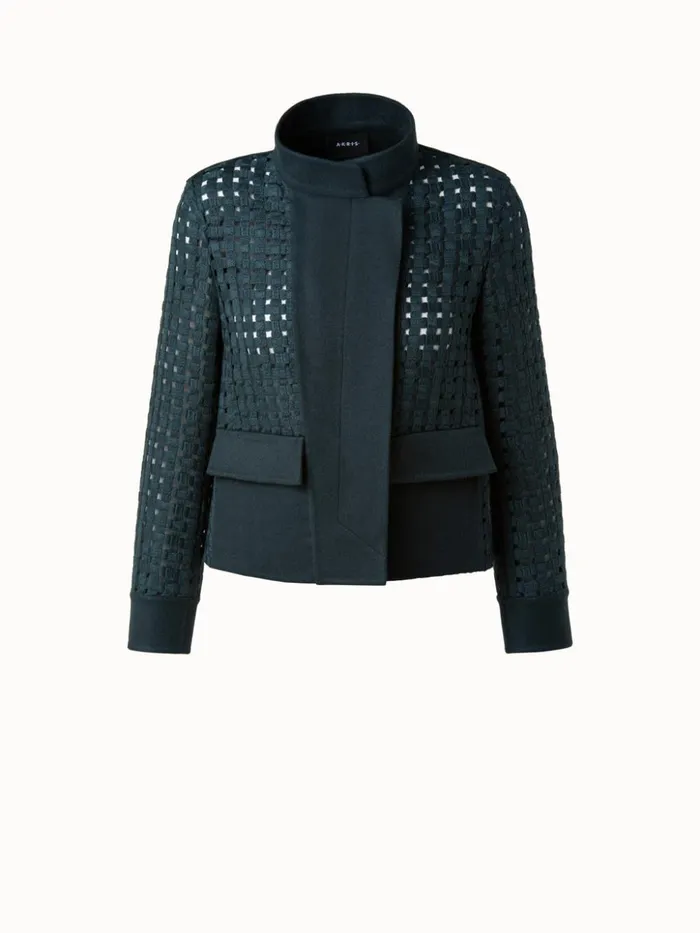 Wool Open Grid Embroidery Jacket Dark Slate Women Akris Jackets