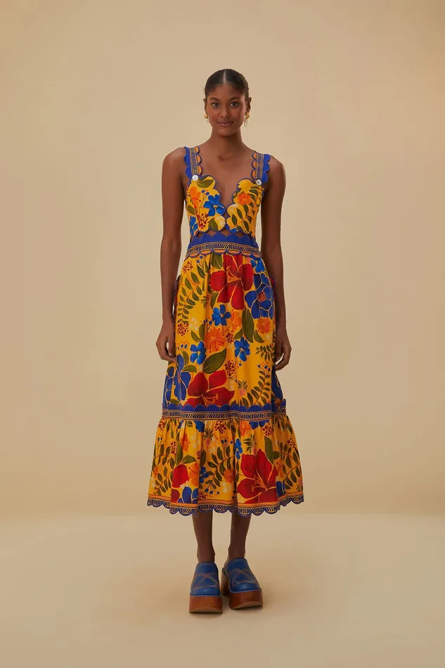 Yellow Floral Yard Lenzing Ecovero Euroflax Midi Dress Women Farm Rio Midi Dresses