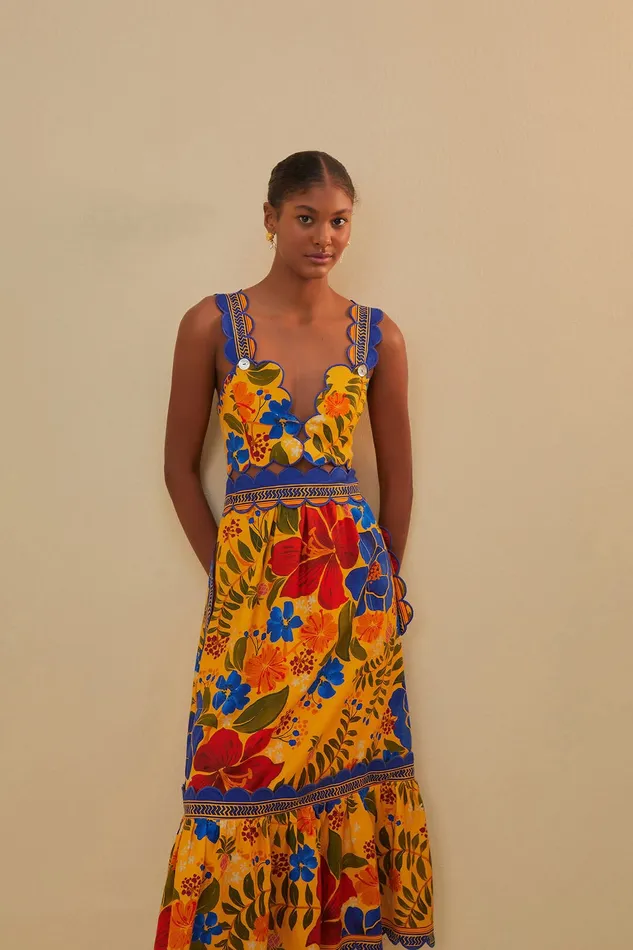 Yellow Floral Yard Lenzing Ecovero Euroflax Midi Dress Women Farm Rio Midi Dresses