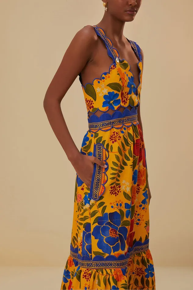 Yellow Floral Yard Lenzing Ecovero Euroflax Midi Dress Women Farm Rio Midi Dresses