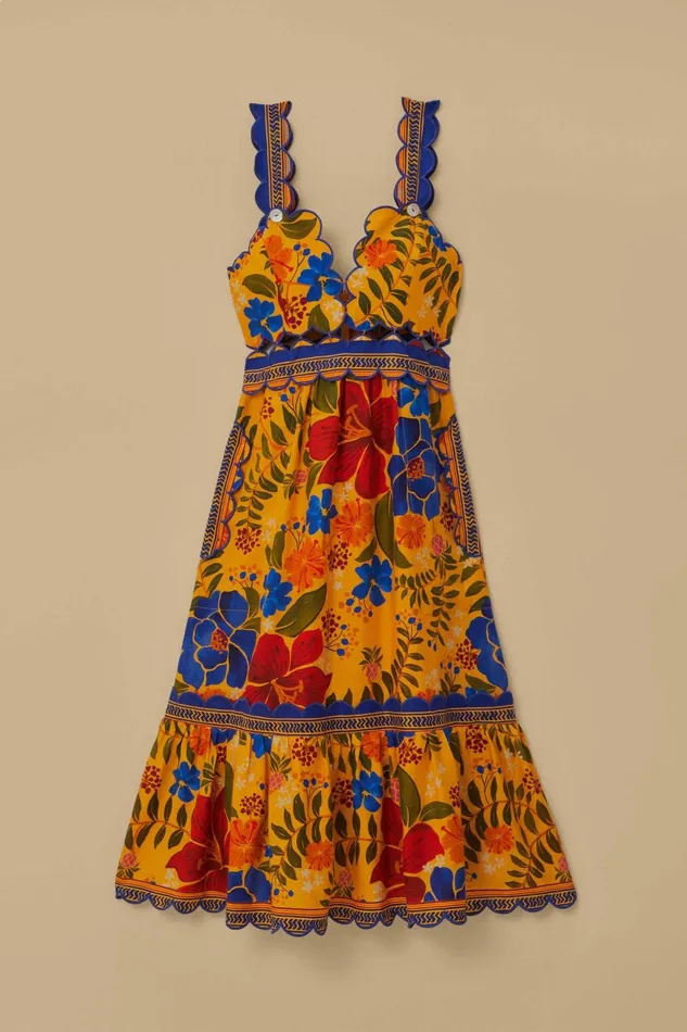 Yellow Floral Yard Lenzing Ecovero Euroflax Midi Dress Women Farm Rio Midi Dresses