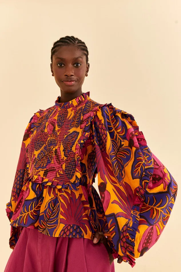 Yellow Fruit Dream Long Sleeve Blouse Women Farm Rio Blouses