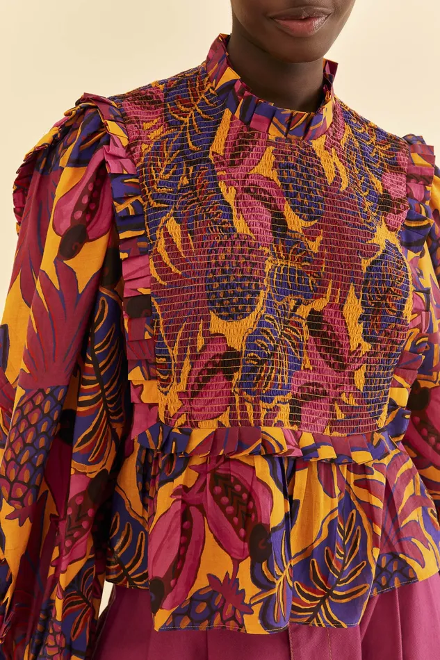 Yellow Fruit Dream Long Sleeve Blouse Women Farm Rio Blouses