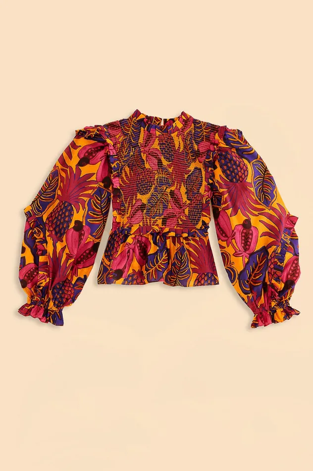 Yellow Fruit Dream Long Sleeve Blouse Women Farm Rio Blouses