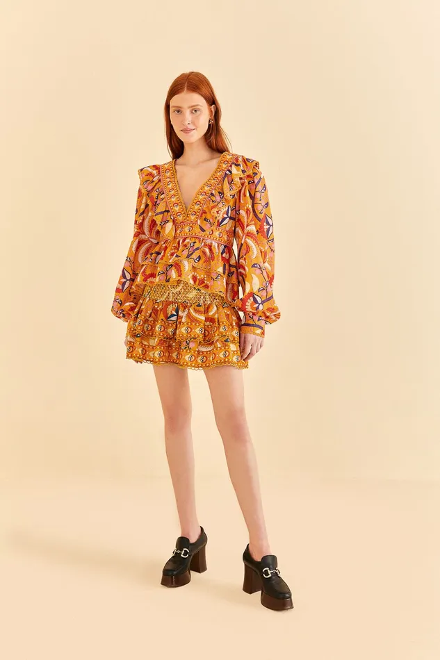 Yellow Palms Party Smocked Mini Skirt Women Farm Rio Skirts